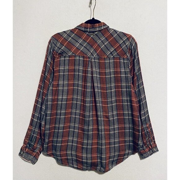 Lucky Brand Top Womens Medium Red Gray Plaid Button Up Long Sleeve Boho Comfy - Picture 5 of 11